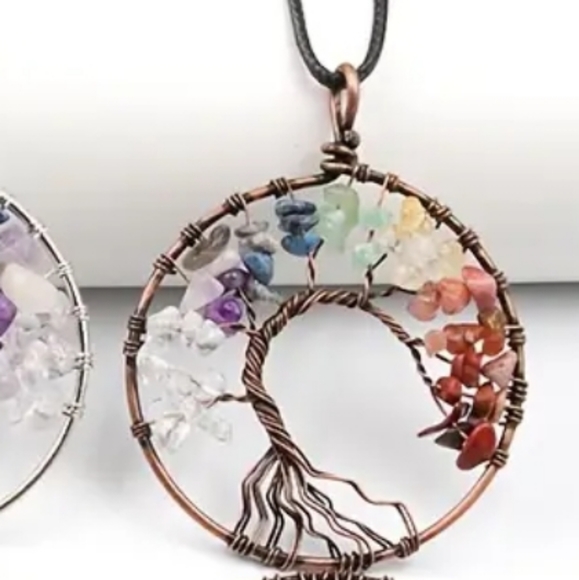 Amethyst Tree Of Life Pendant Copper Necklace Round Brown - Picture 2 of 3